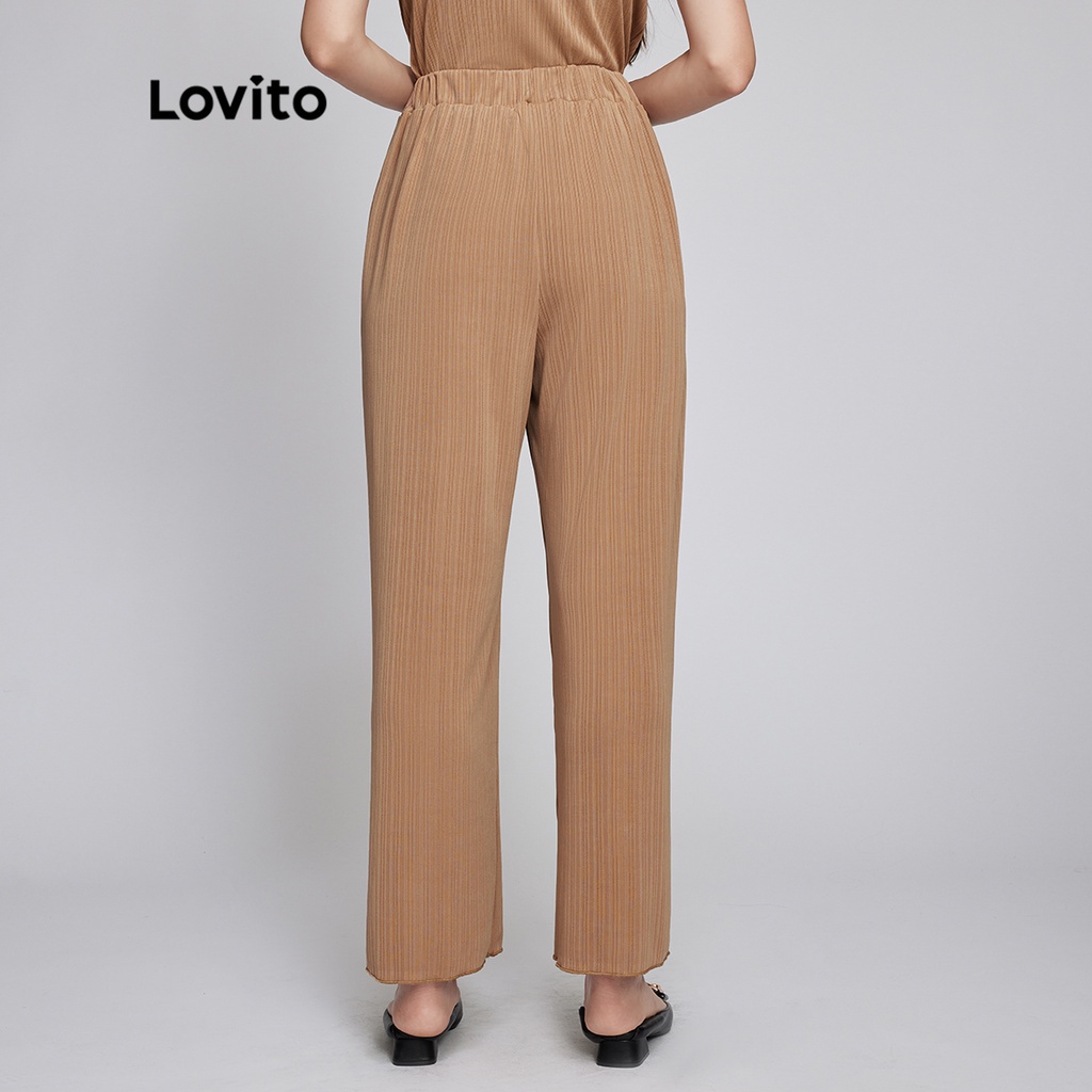 Quần dài Lovito phong cách thường ngày màu trơn eo co giãn eo cao dệt sợi L26LD091 (màu kaki)