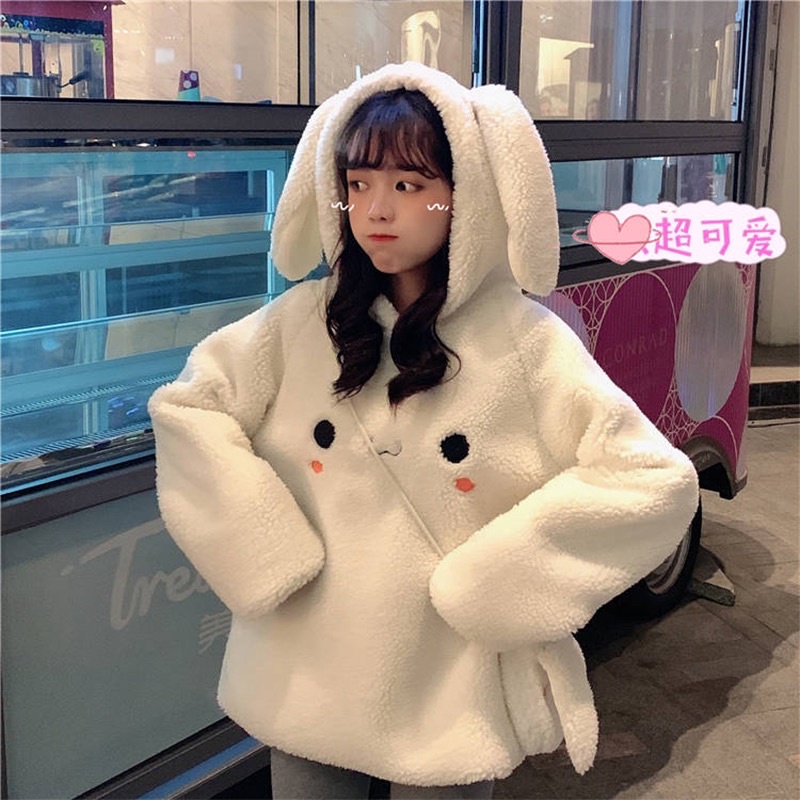 Áo lông cừu tai thỏ kèm túi đeo chéo 🌸Áo hoodie lông dài tay phong cách ulzzang