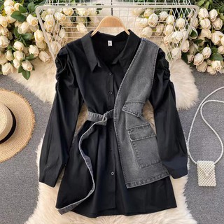 Set áo sơ mi dáng dài phối yếm jean - Hàng QCCC - Black Trendy