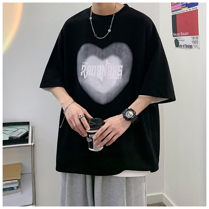 Áo Thun Mỏng Tay Ngắn Dáng Rộng In Hình Trái Tim Màu Xanh Dương Kích Thước Lớn 8XL Phong Cách Hàn Quốc Cho Nam Giới