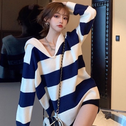 【Hana and Alice】Áo Dệt Kim Tay Dài Cổ Thủy Thủ Dáng Rộng Dễ Phối Đồ