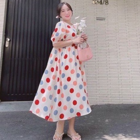 Mới- Đầm váy bầu babydoll chấm bi màu sắc cho mẹ mặc trước và sau sinh
