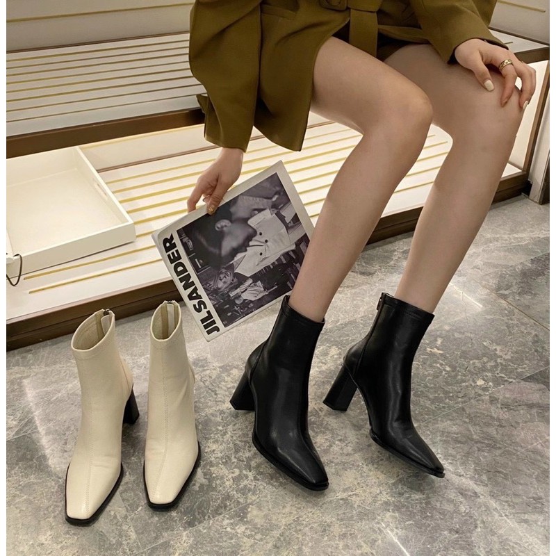 Bốt boot lửng da lì gót trụ fullbox hàng quảng châu cao cấp