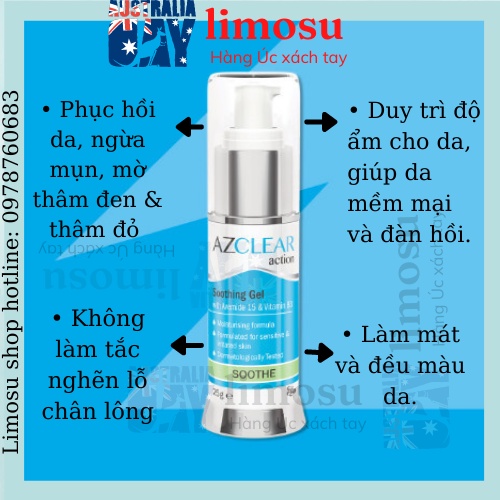 Gel dưỡng phục hồi Úc Azclear Action Soothing Gel dưỡng ẩm, làm dịu mát, phục hồi da cho da sáng mềm, đều màu