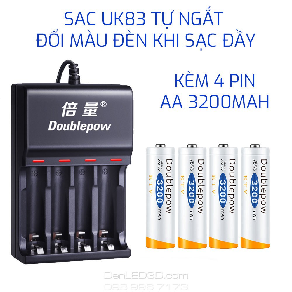 [Chính Hãng] Combo Sạc Tự Ngắt UK83 Đổi Đèn Khi Sạc Đầy Kèm 4 Pin Doublepow 3200Mah