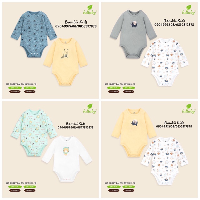 [LULLABY SALE] Set 2 bộ BODY chip Cotton dài tay sơ sinh/ bé trai/ bé gái