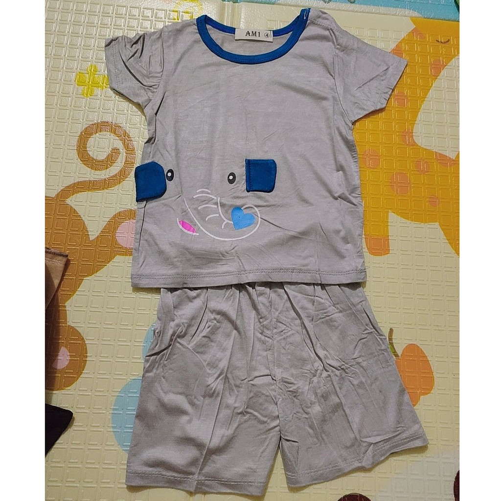 Bộ Quần áo cộc tay THUN LẠNH hình voi cho bé (5-16kg) QATE653- MÀU XÁM