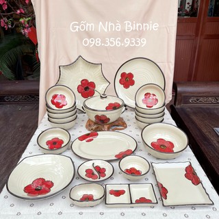 Bộ bát đĩa sứ Bát Tràng cho gia đình - Hoạ tiết hoa đỏ - Set gia đình 4-6 người