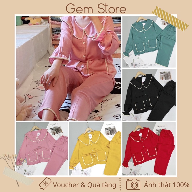 Lụa mịn loại 1 - Bộ mặc nhà pijama dài tay trơn màu viền ren kiểu dáng dễ thương
