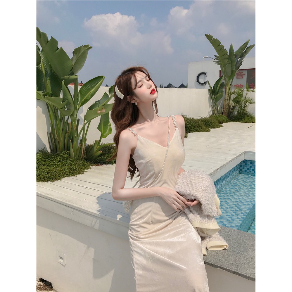 Đầm nhung tiểu thư hai dây dáng dài siêu sang chảnh kèm ảnh thật | BigBuy360 - bigbuy360.vn