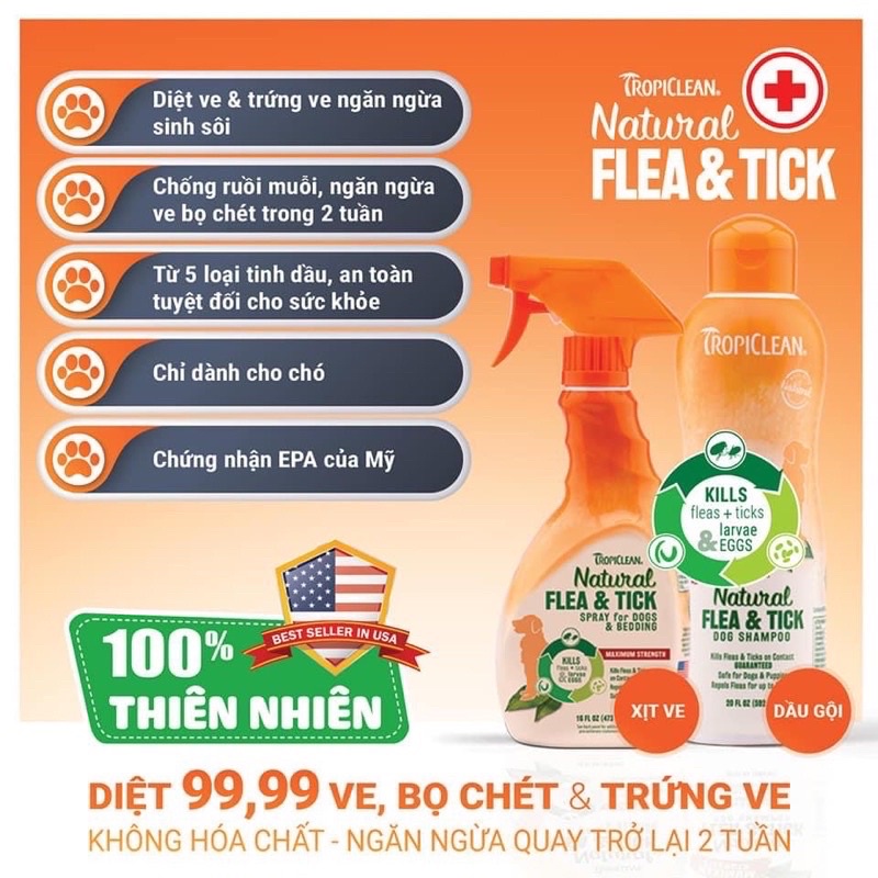 [ 592ml ] Sữa tắm &amp; xịt ngừa ve bọ chét cho chó Tropiclean Natural Flea &amp; Tick (nhập khẩu Mỹ)