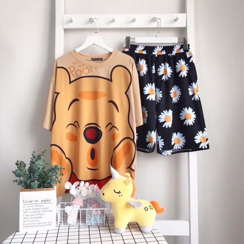 Set bộ Cartoon GẤU POON  phối quần đùi hoạt hình mặc nhà from rộng Unisex Freesize 38-70kg Nam nữ