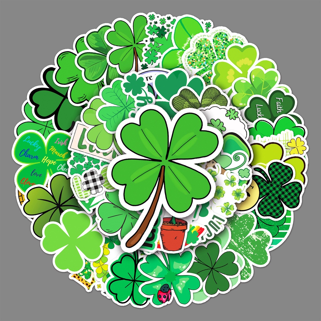 Combo 30 Sticker Chống Nước Decal Dán Điện Thoại Laptop Mũ Bảo Hiểm Vali Guitar Bình Nước [CỎ BỐN LÁ MAY MẮN]