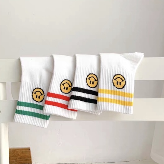 Tất nam nữ cổ cao Unisex mặt cười họa tiết 2 sọc cao cấp kiểu dáng thể thao thời trang 2022