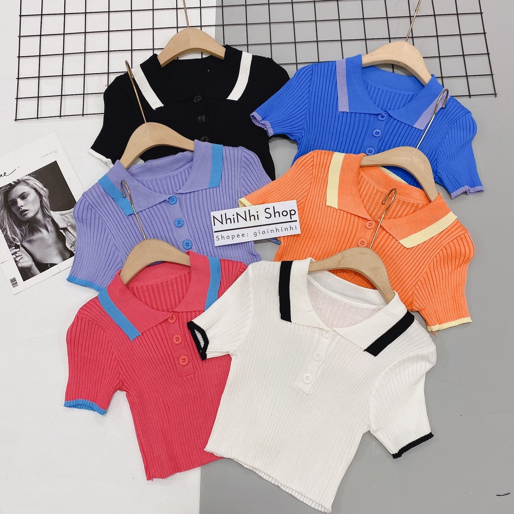 Áo len cổ đức dáng croptop, Áo kiểu cổ bẻ cài cúc form ôm AL7514 - NhiNhiShop