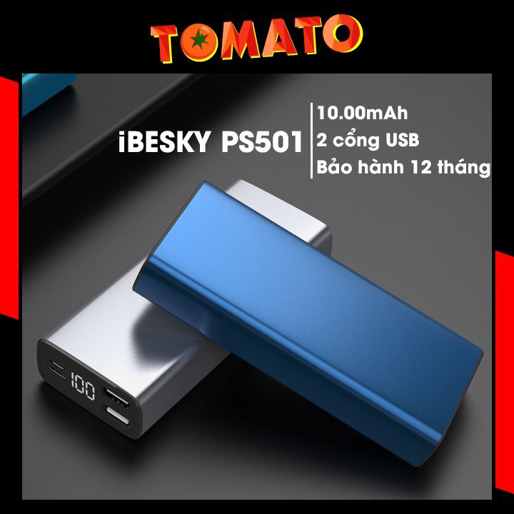 Pin Sạc Dự Phòng Mini Ibesky PS501 10000 mAh 2 Cổng Input / Output Bo Viền Mềm Mại Sang Trọng - Phụ Kiện Tomato