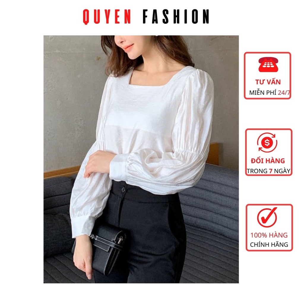 Sơ mi công sở nữ trắng cổ vuông, tay phồng tiểu thư xinh xắn, AA482