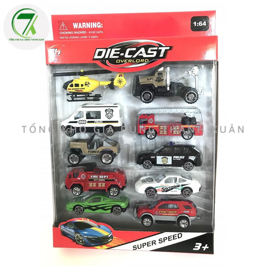 Đồ chơi mô hình xe ô tô đồ chơi cứu hỏa, cảnh sát, quân sự, máy bay, xe tăng, hộp 10 xe cho các bé vui chơi thỏa thích