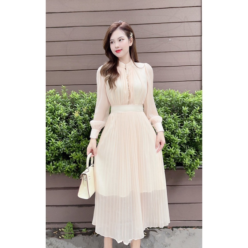 V165 Váy voan kem dài tay dập ly nữ tính - DVC&ACC