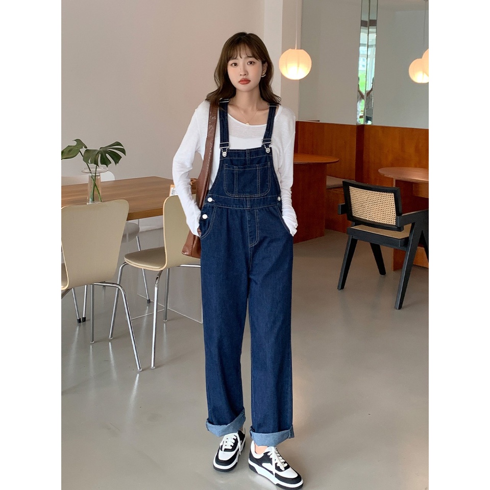 Quần Yếm Jean Nữ Ống Suông Rộng Dài, Màu Xanh Đậm , Yếm Bò Phong Cách Ulzzang Vintage, Loại 1 Quảng Châu Y5