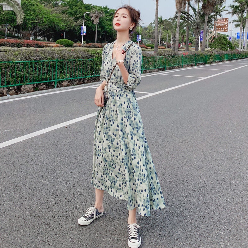 Đầm Hoa Dáng Dài Chiết Eo Phong Cách Pháp Thời Trang Mới Cho Nữ