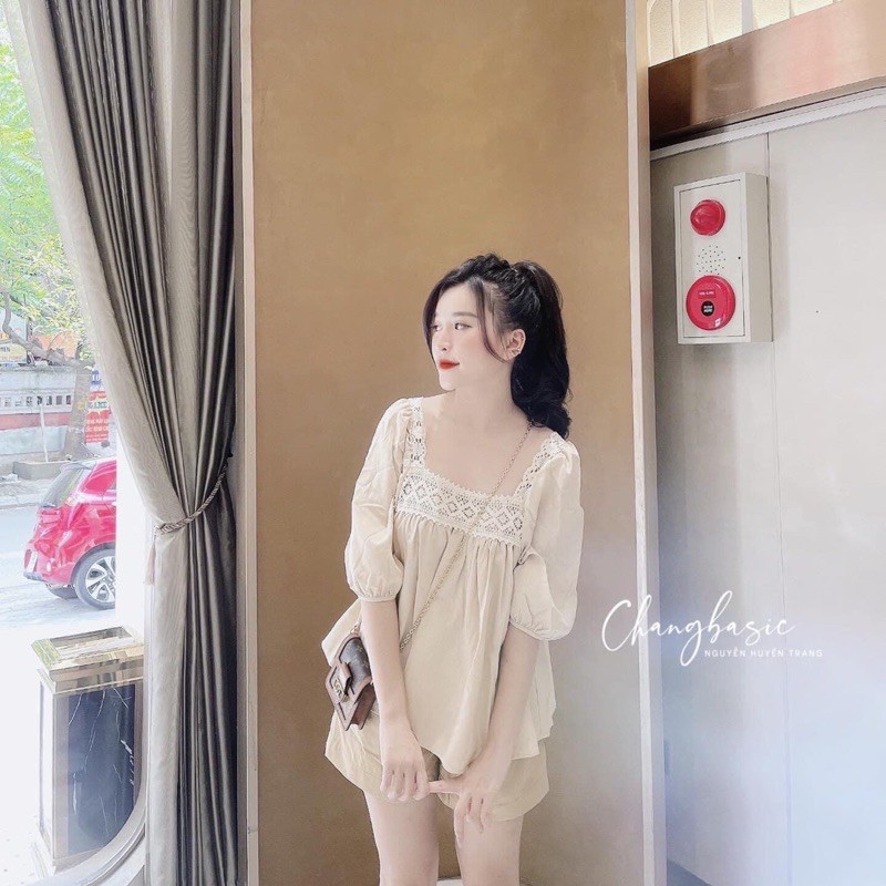 Set Áo Babydoll Thô Đũi Pha Ren Mix Quần Short - Set Xinh Mùa Hè
