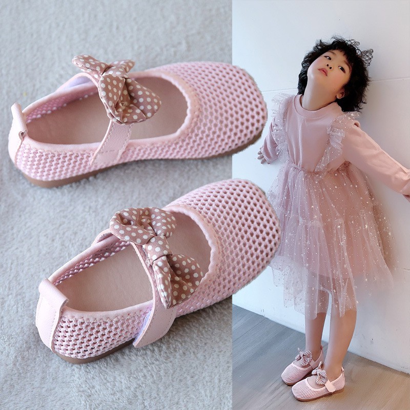 Giày búp bê công chúa bé gái màu hồng gắn nơ xinh xắn siêu thoáng khí