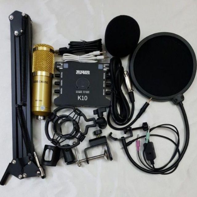 Combo hát livestream thu âm mic BM900 và sound card k10, chân kẹp, màng lọc, dây live ma2
