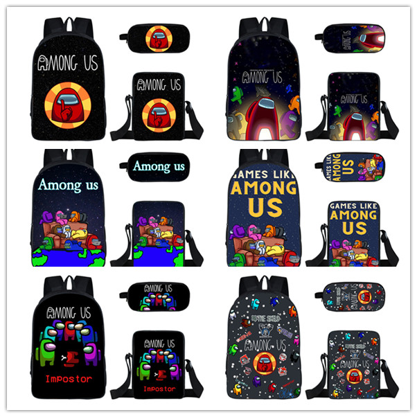 Set balo + túi đựng bút + túi đeo chéo đi học vải polyester họa tiết game Among Us vui nhộn thời trang