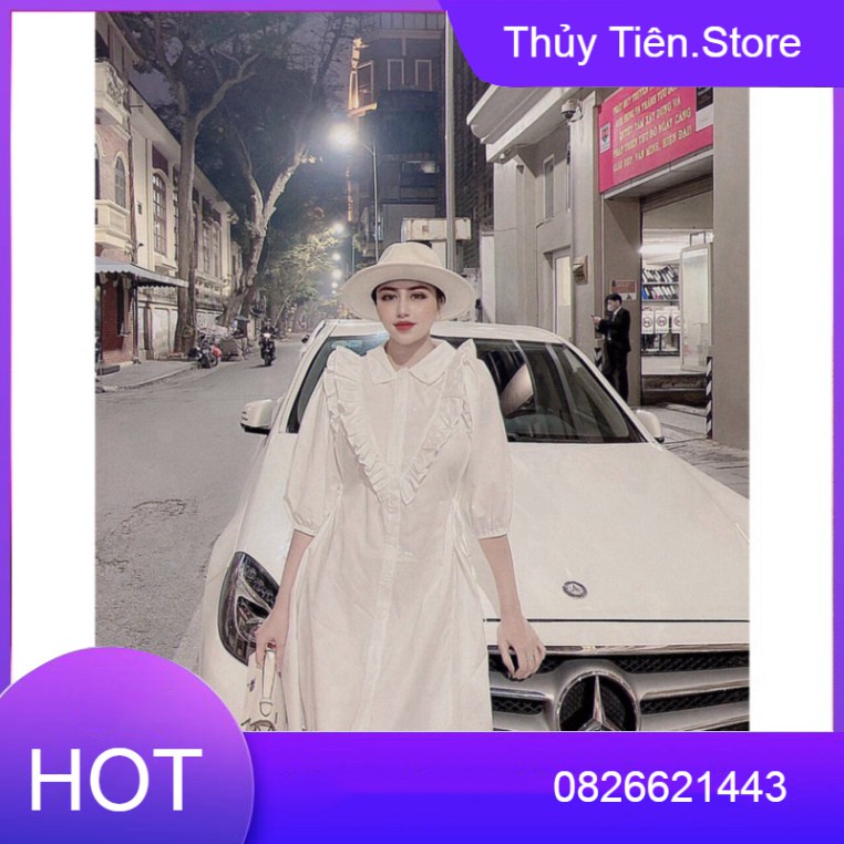 Váy Tay Lỡ Suông Cổ V Phối Viền Bèo Dáng Sơ Mi Trắng Style Retro sang trọng - Đầm Somi Trắng 💎👗💝