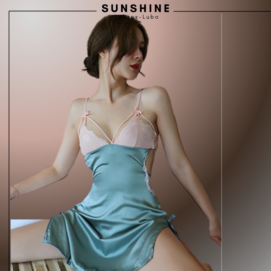 Váy Ngủ Lụa Phối Ren Mỏng Thiết Kế Dây Lưng Sexy Gợi Cảm Màu Xanh Sunshine Lubrexlubo VL1050