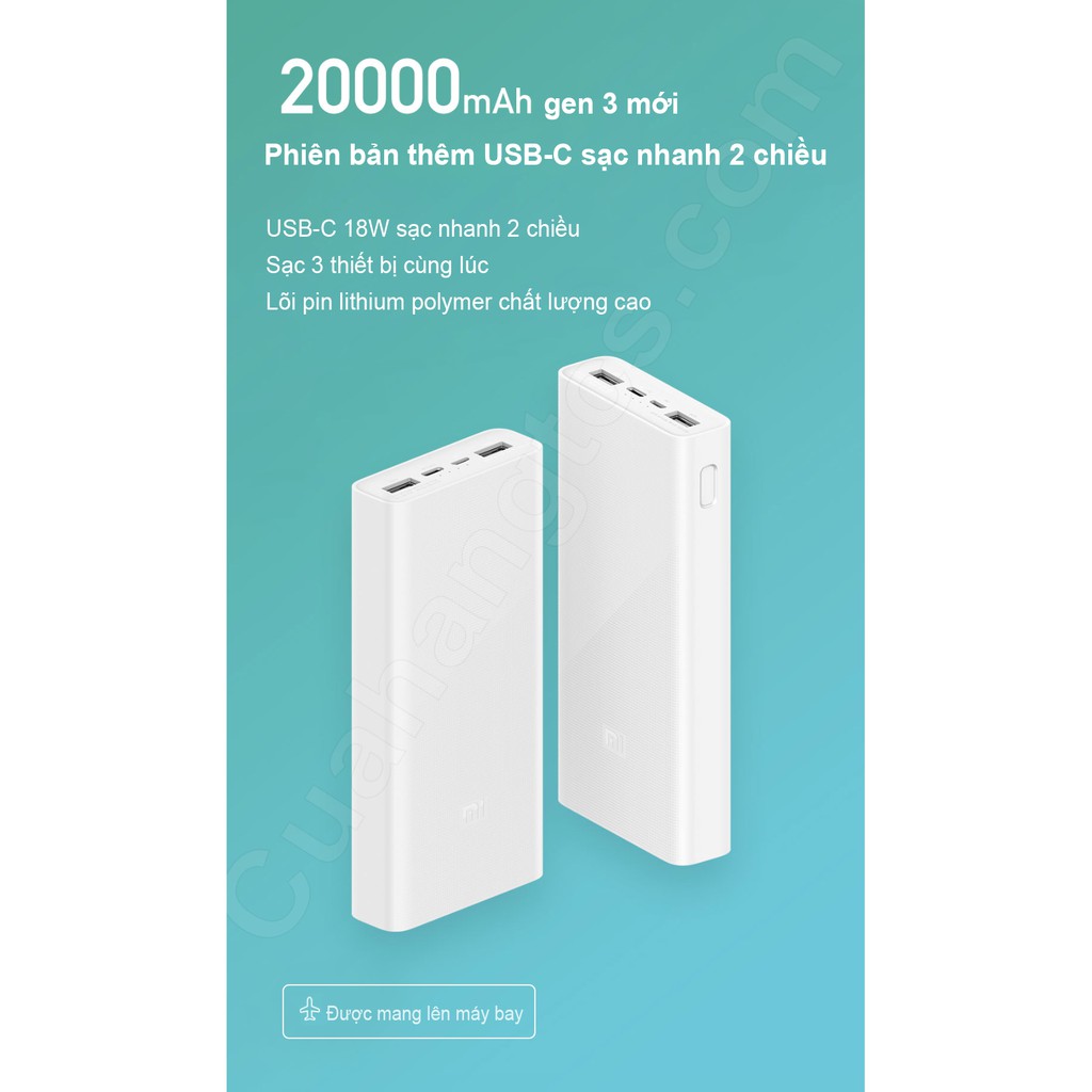 [Mã 155ELSALE giảm 7% đơn 300K] Pin sạc dự phòng 20000mAh Xiaomi gen 3 18W PLM18ZM