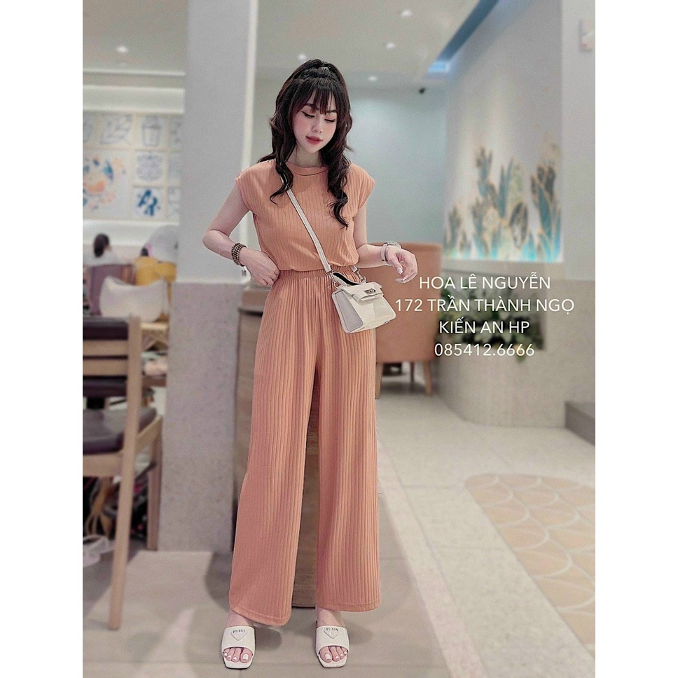 [Set sale] Set áo và quần đi chơi với quần dài ống rộng kèm áo ngắn tay form rộng, cá tính, chất vải thun gân