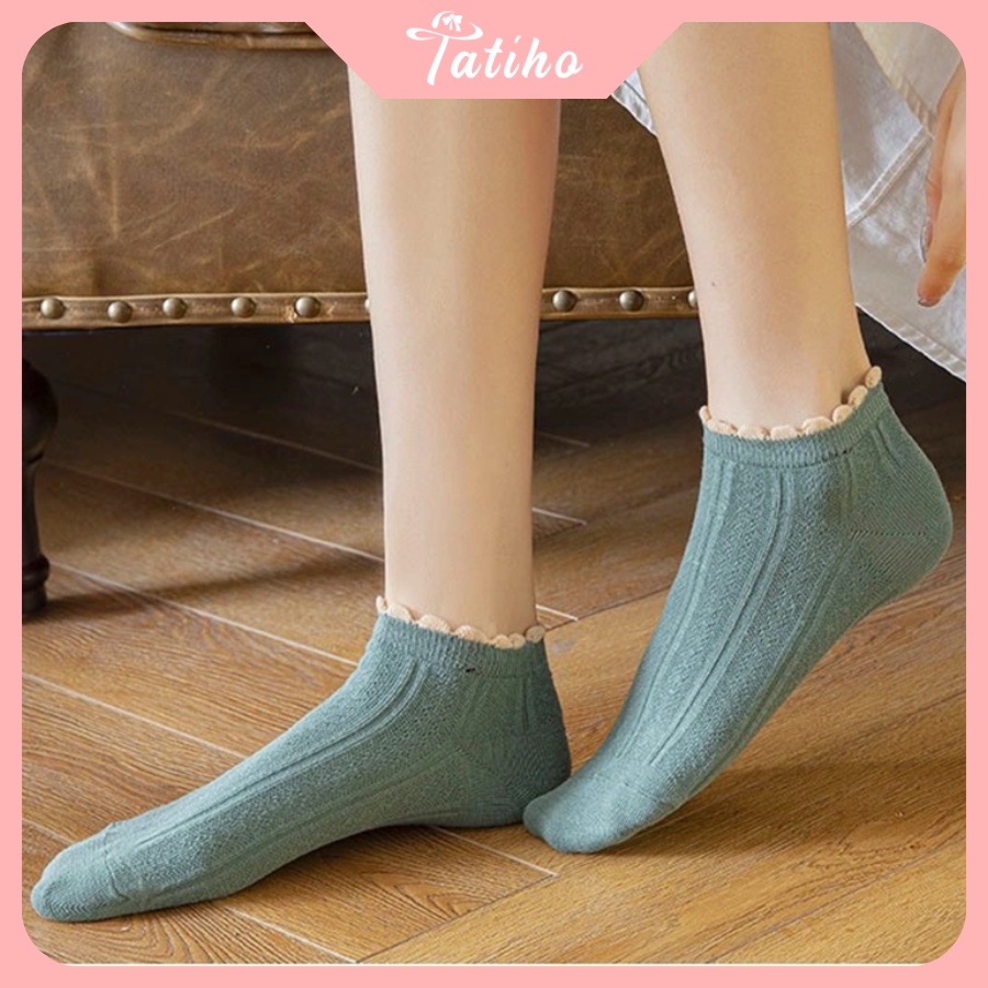 Vớ Tất Nữ Unisex Ren Cổ Thấp Chất Cotton Dày Dặn Họa Tiết Trơn Phối Cổ Nhúng Bèo Phong Cách Basic Thời Trang - Mã TV008