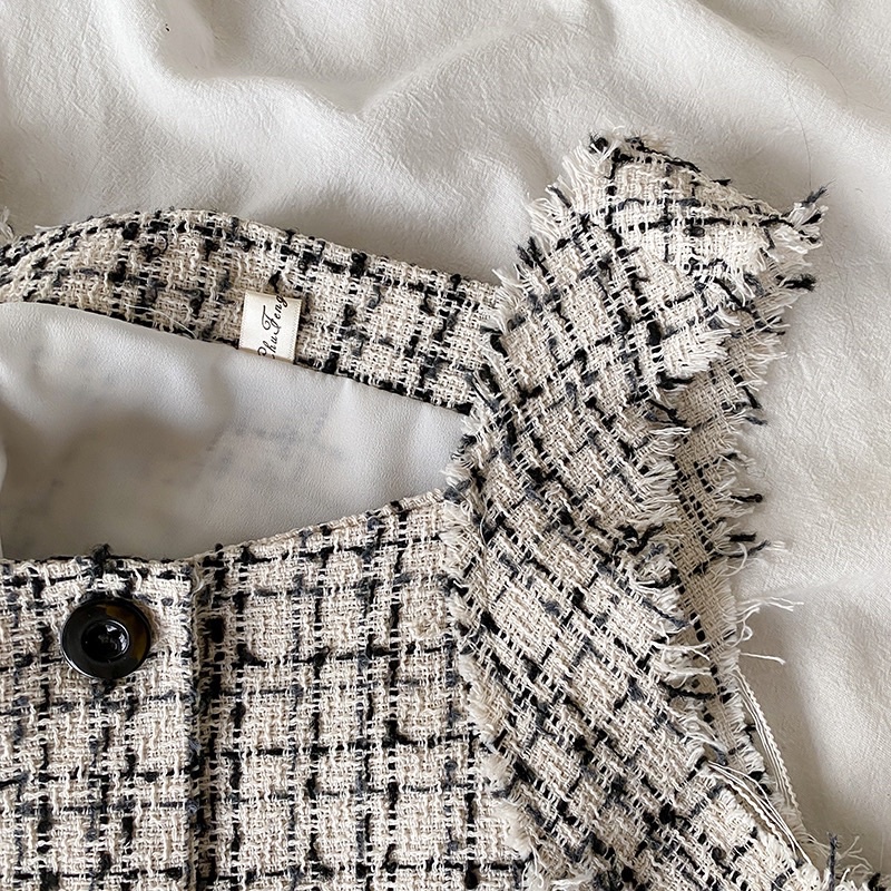 Sẵn  set bộ dạ tweed áo hai dây chân váy chữ A sang chảnh điệu đà hoạ tiết vải tuýt kẻ có bán lẻ rời dễ phối đồ