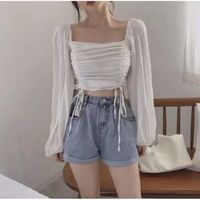 ÁO CROPTOP TAY DÀI CỘT DÂY 2 BÊN NHIỀU MÀU - CROPTOP RÚT DÂY TAY PHỒNG HỒNG VÀNG XANH ĐEN TRẮNG - CROPTOP TRỄ VAI CỔ VUÔ