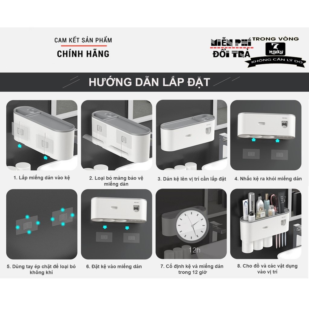 Bộ Nhả Kem Tự Động 3 cốc , Kệ Để Đồ Phòng Tắm Cao Cấp 3 cốc ( Tặng Kèm Miếng Dán )