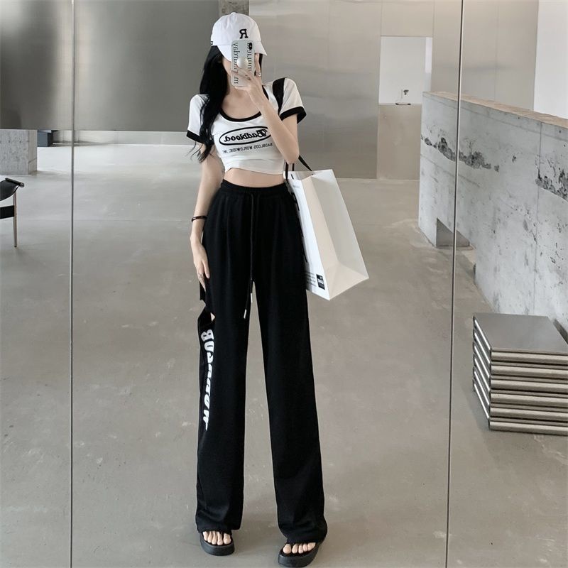 COZOK Set Áo Thun Ngắn Tay In Chữ + Quần Ống Rộng Rách Cá Tính Cho Nữ