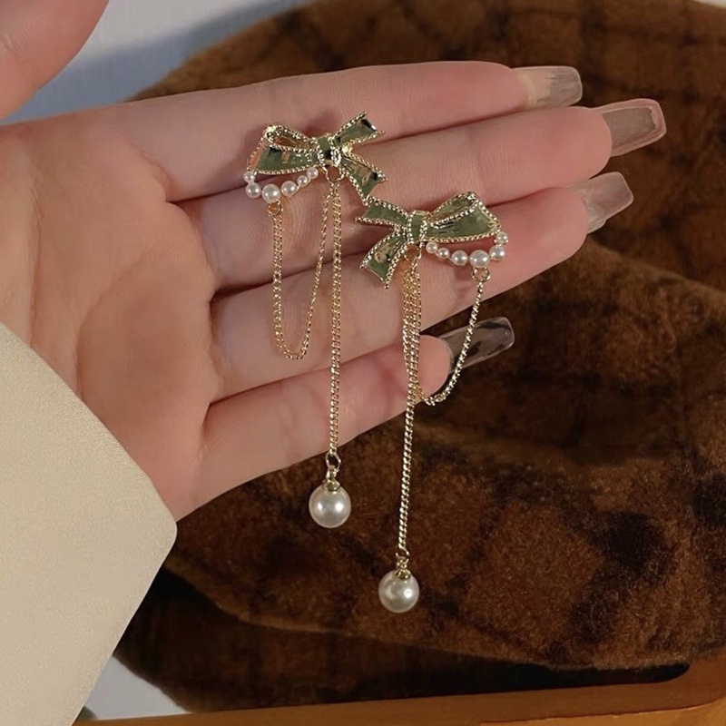 Khuyên tai dáng dài đính ngọc trai phối nơ lấp lánh thời trang thu đông mới