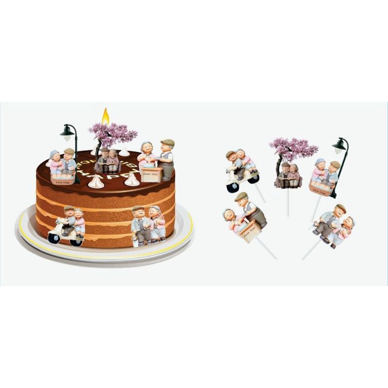 Set cắm giấy ông bà trang trí bánh kem sinh nhật, bánh kem chúc thọ ông bà