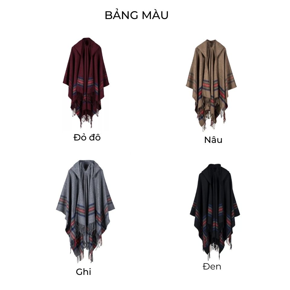 Áo choàng len ấm mùa đông phong cách cổ điển, du mục, có mũ dành cho nữ - Mã LE27