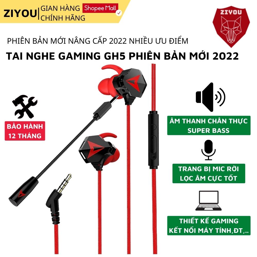 Tai nghe gaming nhét tai ZIYOU GH5 âm thanh super bass, chống ồn cực tốt, có mic có thể tháo rời, tặng bộ phụ kiện
