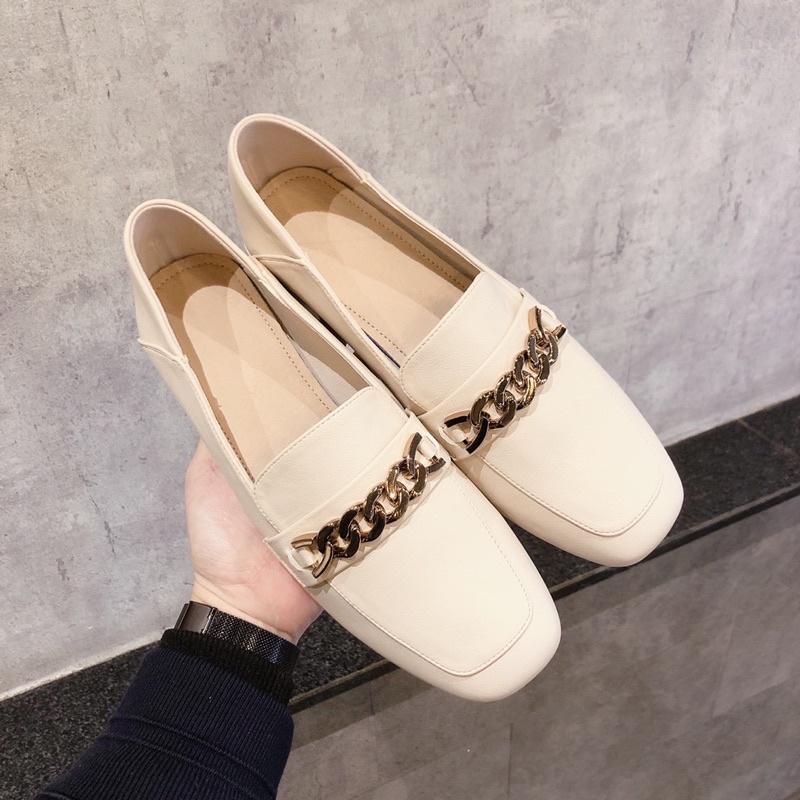 Giày Moca Mũi Vuông Phối Dây Xích Vàng Da Mềm Hàng Đẹp Loại 1