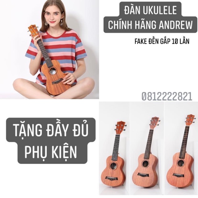 Đàn Ukulele Andrew concert lá lúa - tặng đầy đủ phụ kiện