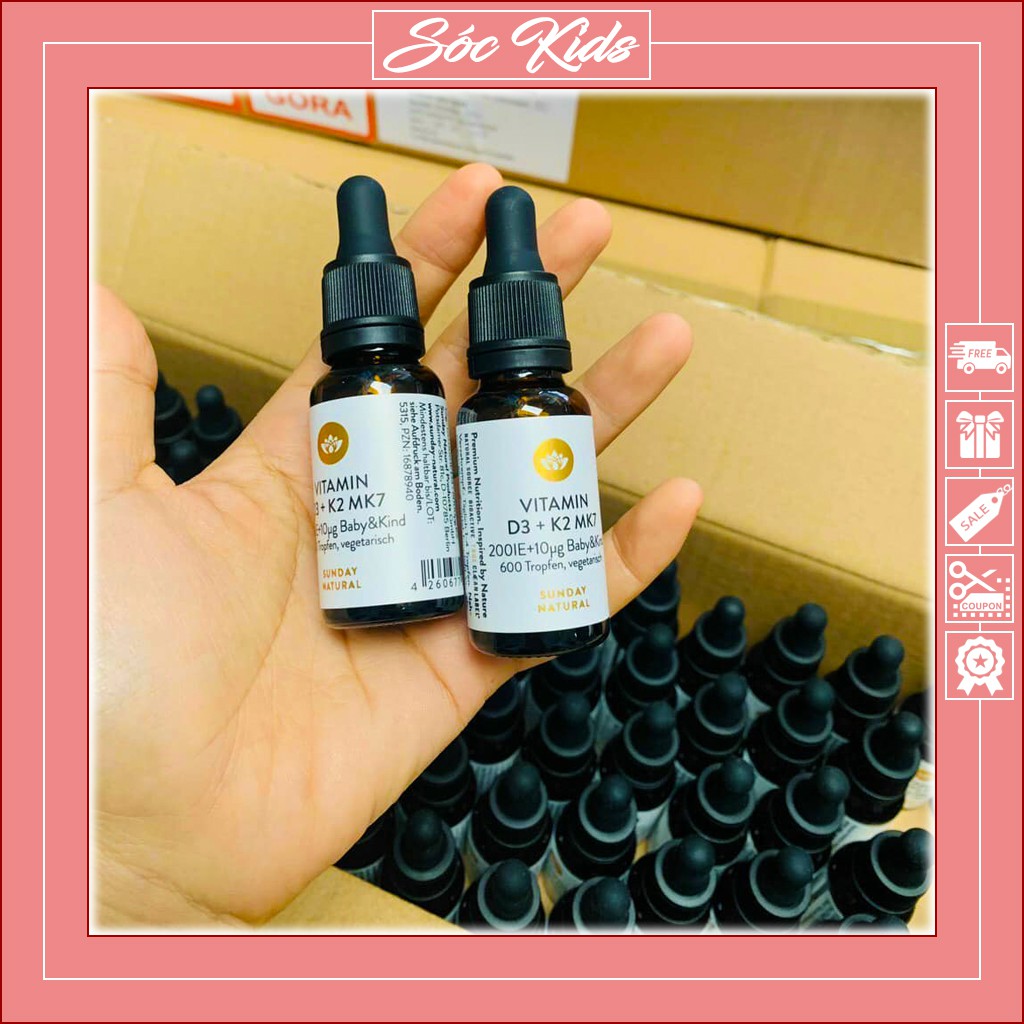 Vitamin D3 K2 MK7 Sunday Natural Cho Bé Từ Sơ Sinh - CHUẨN ĐỨC | DATE 2023 | MẪU MỚI | LỌ 20ML | SÓC KIDS