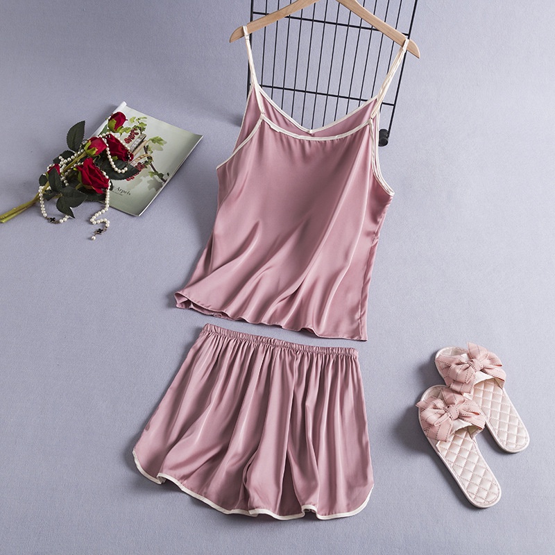 Set đồ ngủ vải lụa satin lạnh mềm mại dáng rộng màu trơn phong cách đơn giản thời trang cho nữ