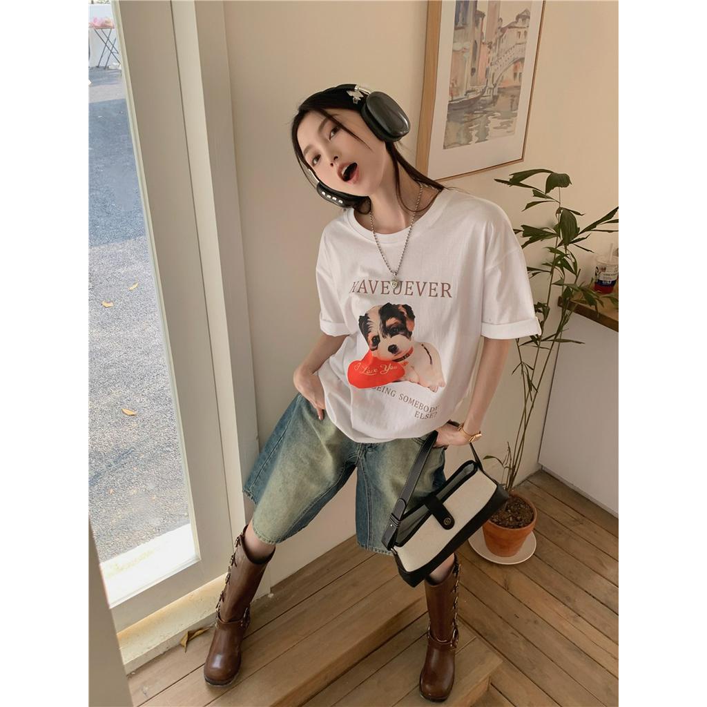 Áo Thun Cổ Tròn Dáng Rộng In Hình Chú Chó Dễ Thương Phong Cách Hàn Quốc Thời Trang Mùa Hè 63400
