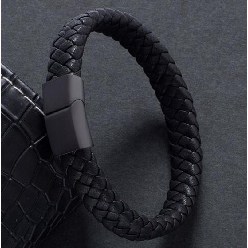 Vòng tay da bện tay màu đen cho nam