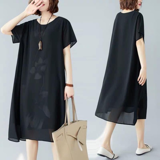 Váy suông rộng big size bầu mặc được, kiểu dáng voan 2 lớp in hoa lót mờ