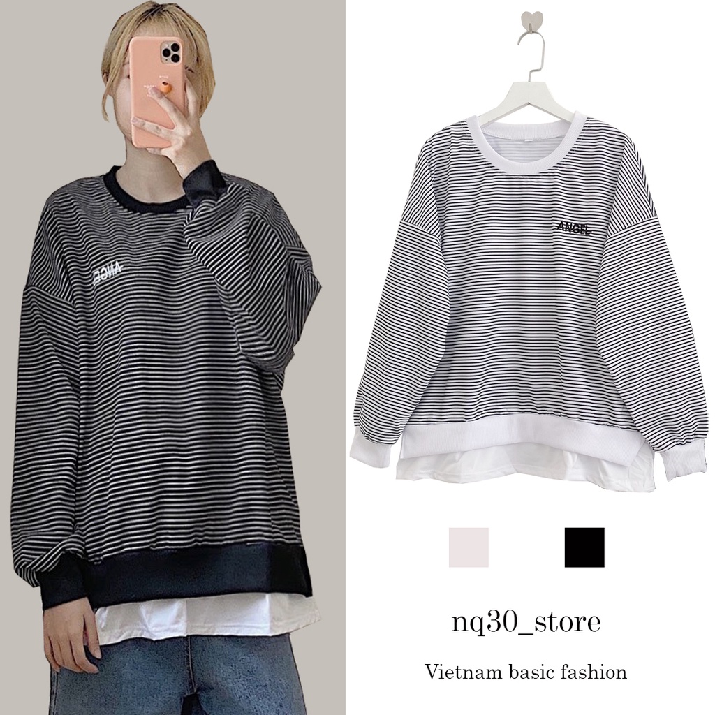 Áo Sweater Kẻ Sọc Ngang NQ30 Thêu Angle Chất Nỉ Da Cá Nữ Ullzang | BigBuy360 - bigbuy360.vn